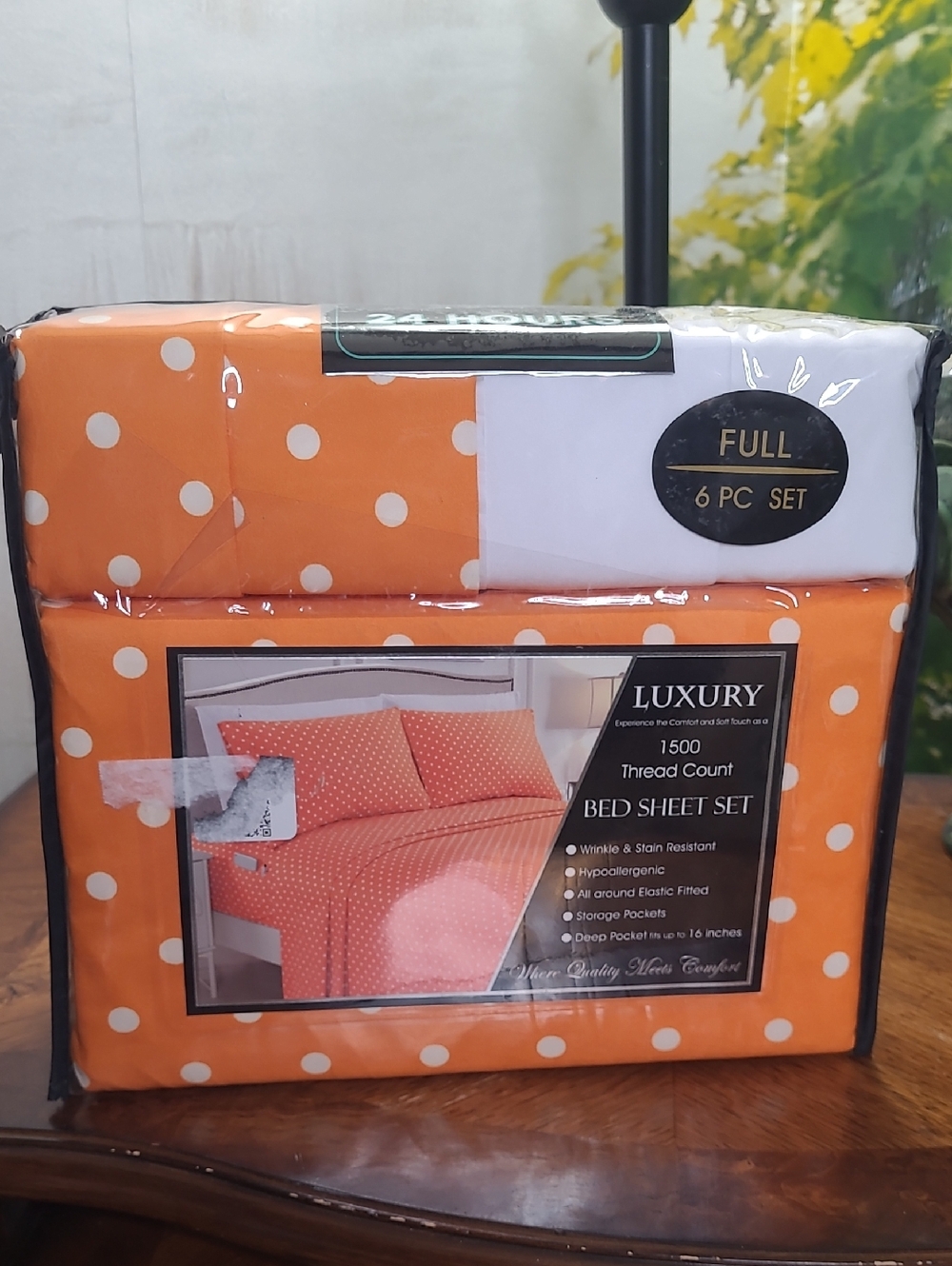 New in bag Luxury 1500 count Orange White Polka Dot Full Size 6 Pc Bed Sheet Set